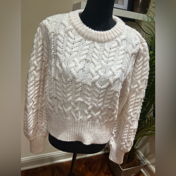 House of Harlow 1960 Wool Blend Ivory Cable Knit Pearl Embellished Sweater Large - Picture 5 of 9